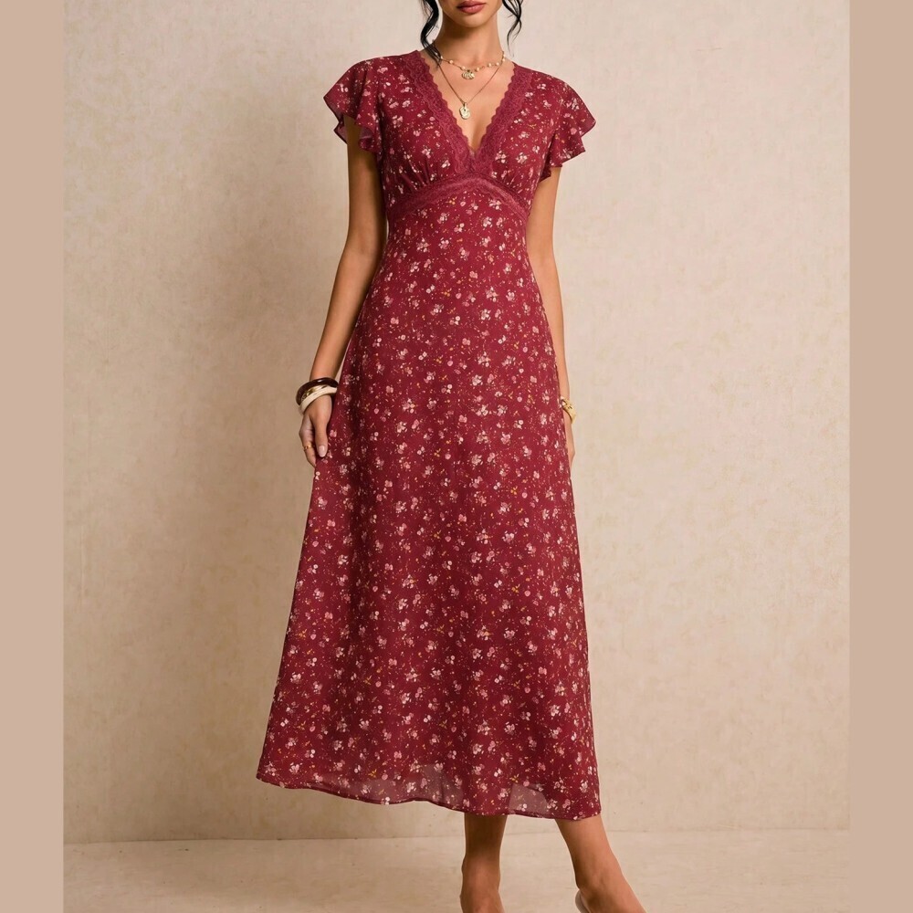 Burgundy Floral Lace-Trim V-Neck Maxi Dress